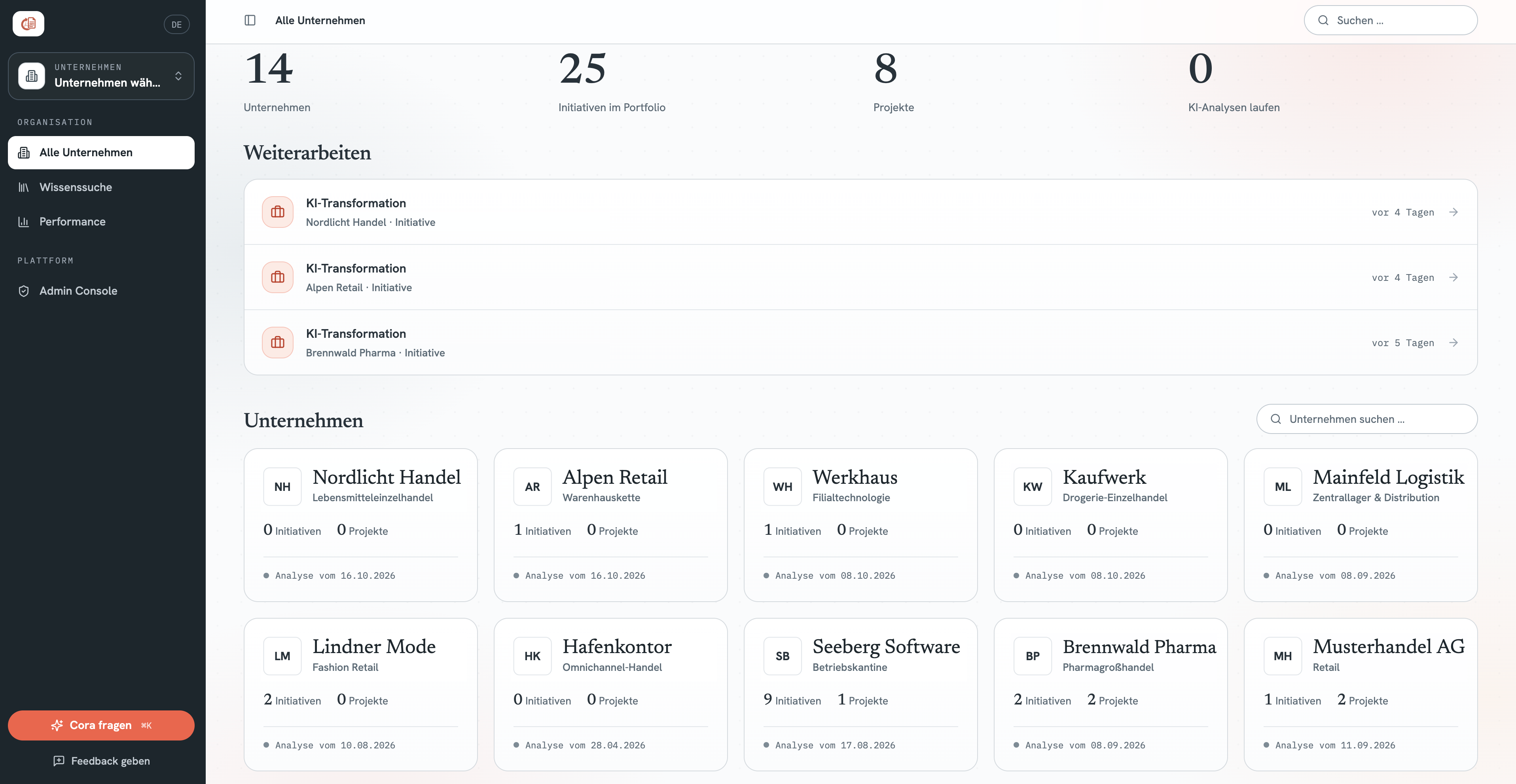 EverStore.AI — Übersicht aller Unternehmen mit Initiativen, Projekten und laufenden KI-Analysen